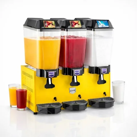 Remta Remta ST17 3'lü Şerbet ve Ayran Soğutma Makinesi, 2 Fıskiyeli, 1 Karıştırıcılı, 20+20+20 Litre Kapasiteli, Sarı